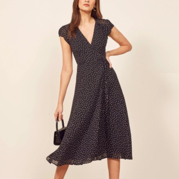Reformation Dresses & Skirts - Reformation Carina Black Polka Dot Wrap Midi Dress